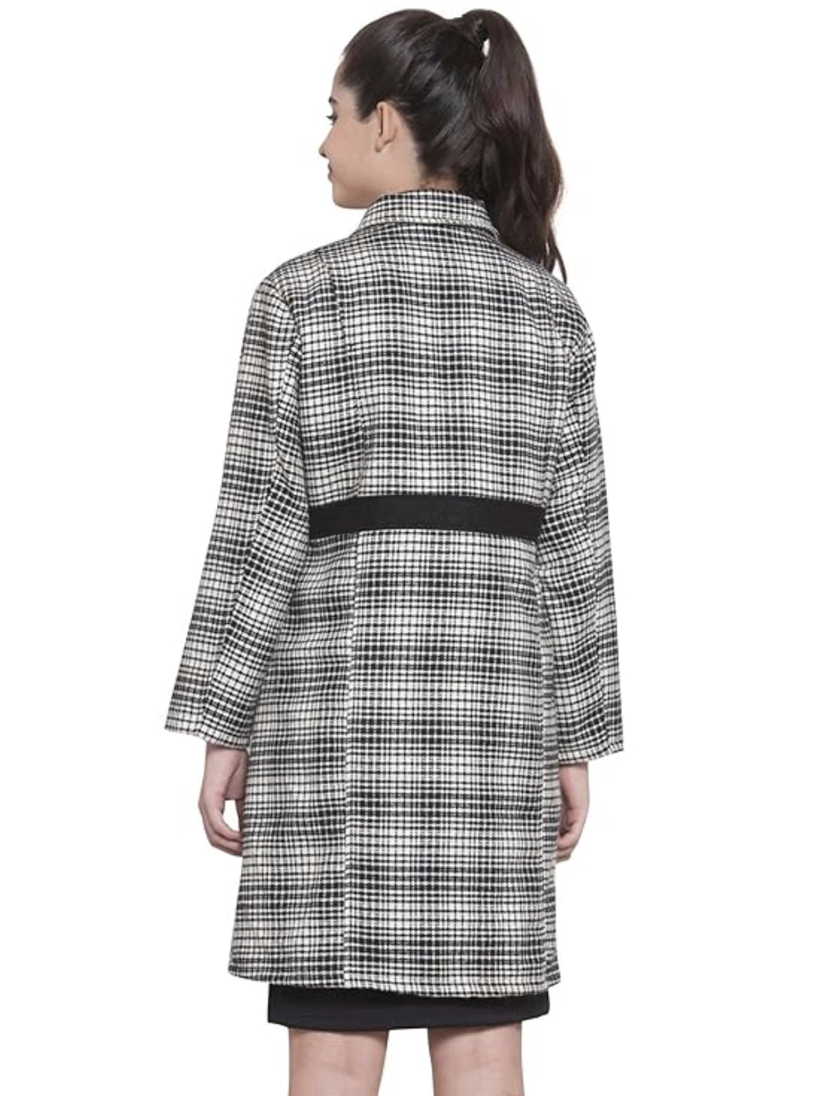 Women Black & White Checks Long Woollen Coat