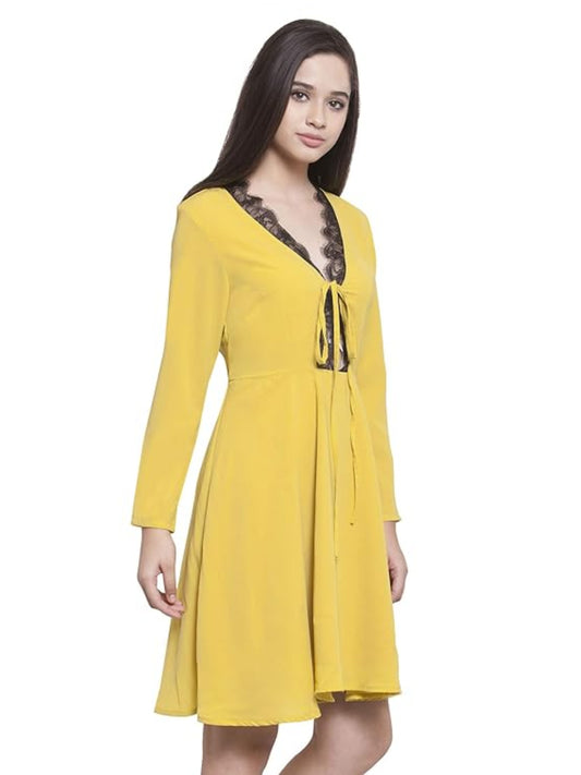 Women Yellow With Black Scallop Lace Detail Skater Dress