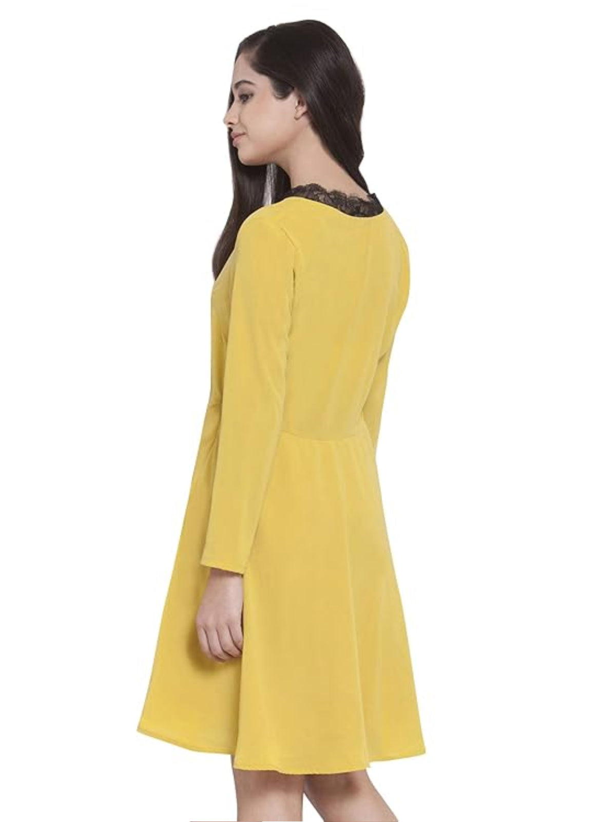 Women Yellow With Black Scallop Lace Detail Skater Dress