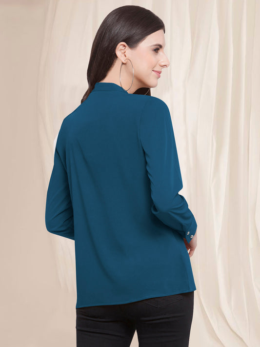 Women Turquoise Blue Keyhole Front Knot Top