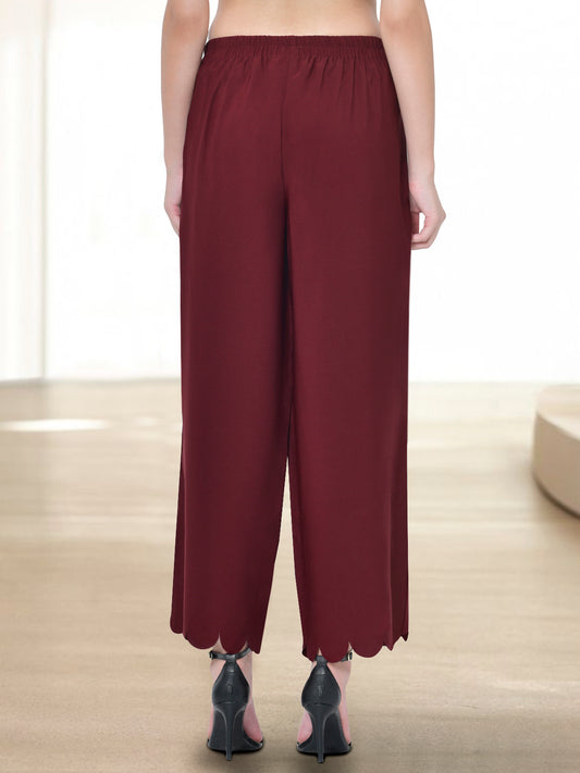 Women Maroon Eyelet Scallop Hem Pant