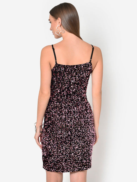 Women Pink Sequin Strappy Partywear Bodycon Dress