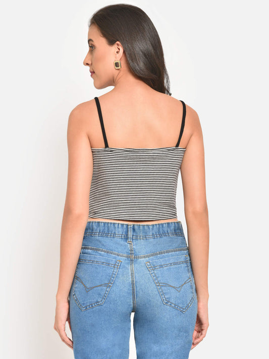 Women Black White Stripe Buttoned Cami Top