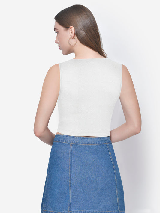Women White Textured Buttoned Crop Top
