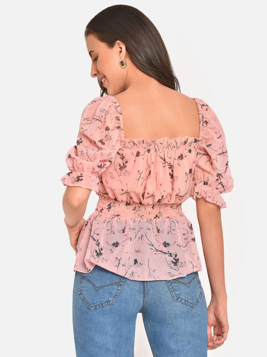 Women Peach Georgette Puff Sleeve Top