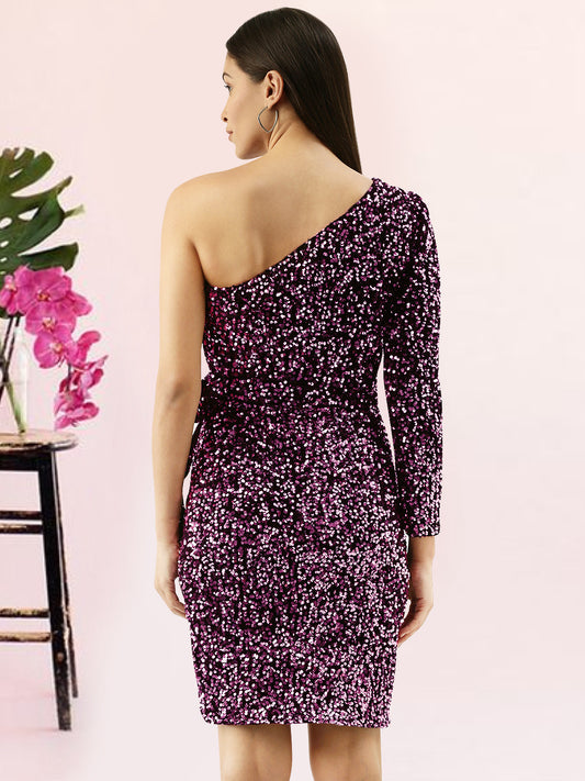 Women Pink Sequin One Shoulder Dress