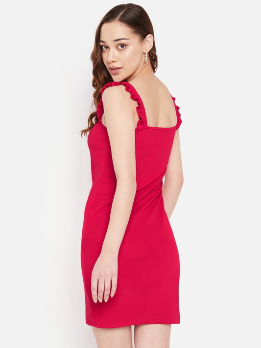Women Fuschia Pink Ruffled Bodycon Slit Mini Dress