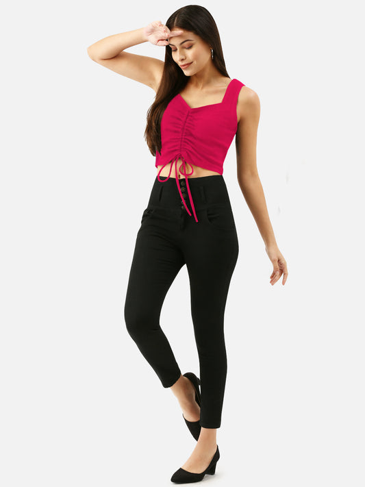 Women Fuschia Pink Drawstring Crop Top