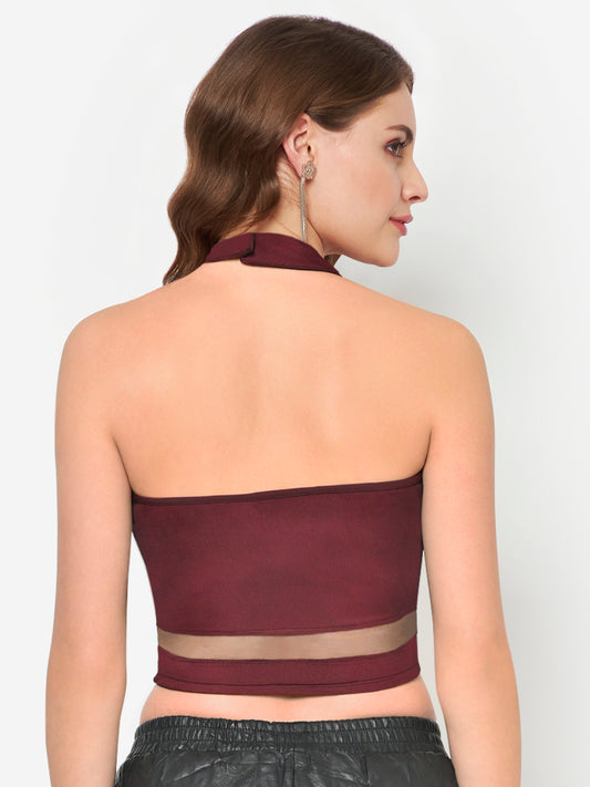 Women Maroon Bare Back Halter Neck Crop Top