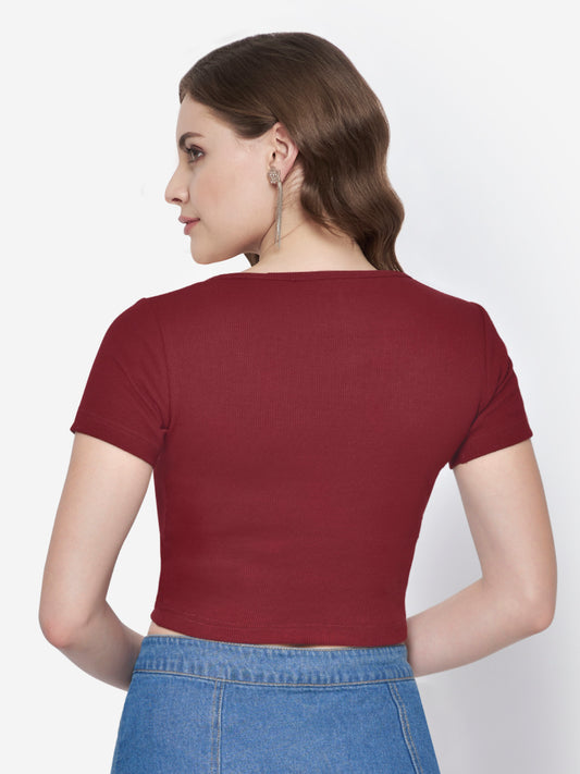 Women Maroon Rib Crop Top