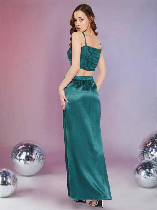 Women Turquoise Satin 2 Piece Co-ord Set