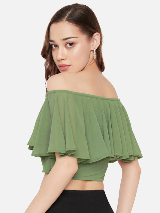 Women Olive Green Chiffon Off Shoulder Crop Top