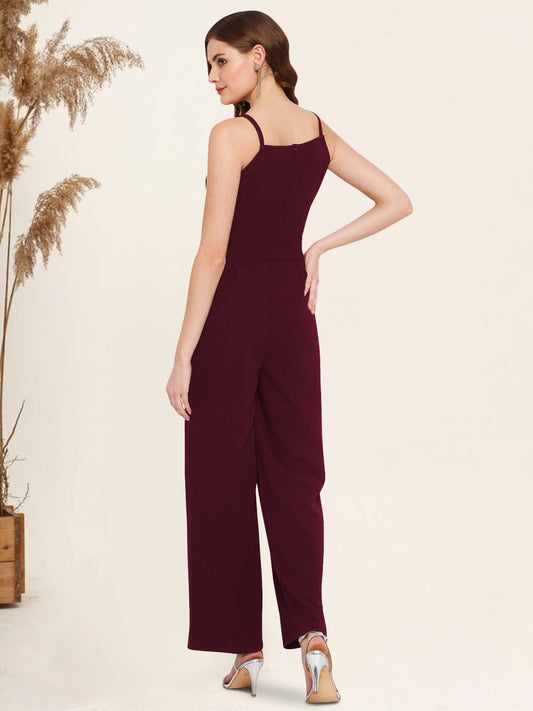 Women Wine Waist Cutout Jumpsuit