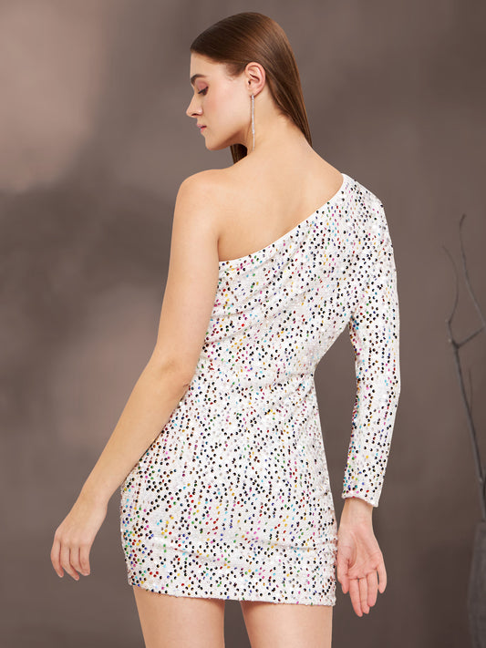 Women White Sequin Cutout One Shoulder Mini Dress