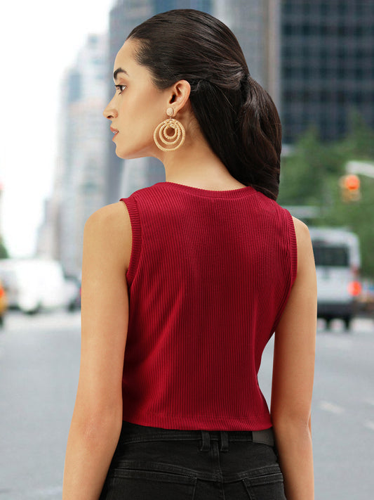 Women Red Rib Cross Over Top