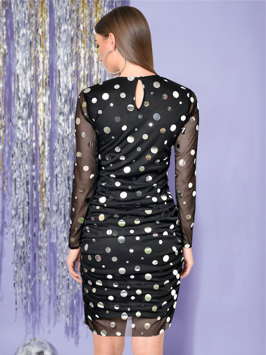 Women Black Silver Embellished Bodycon Dress