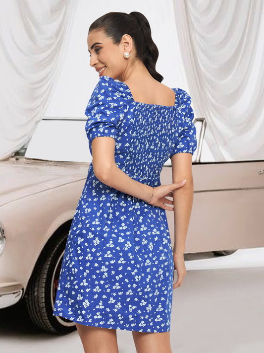 Women Blue White Printed Cotton Short Dress