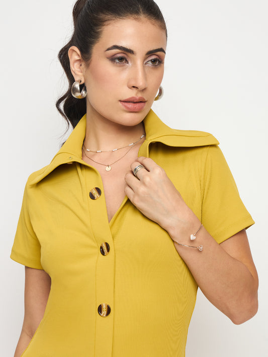 Women Yellow Spread Collar Ribbed Dress