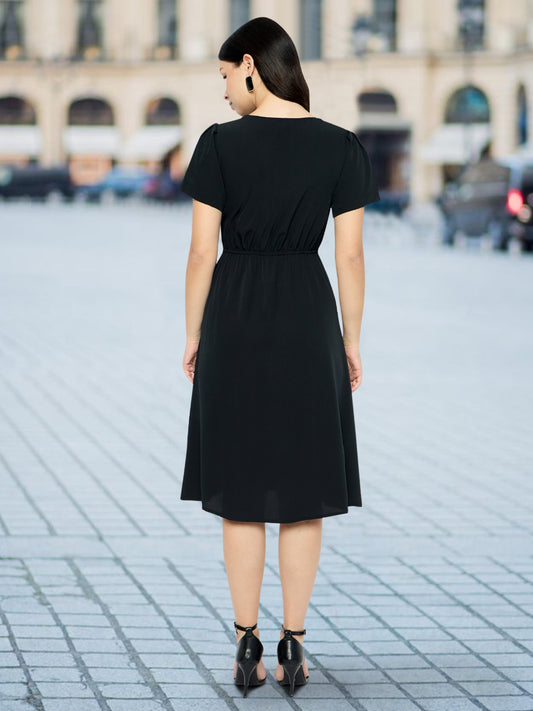 Women Black Front Button Dress