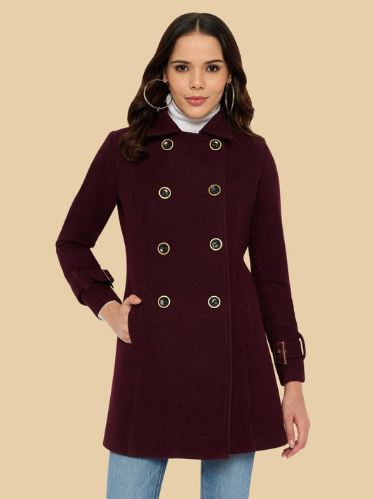 Women Maroon Double Breast Woolen Coat