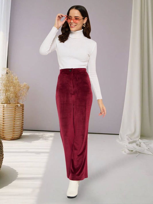 Women Maroon Velvet Corduroy Trouser