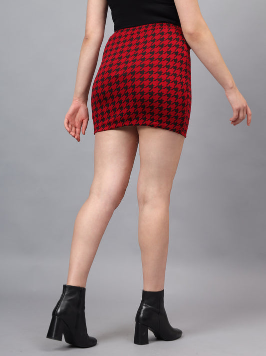 Women Red Black Houndstooth Mini Skirt