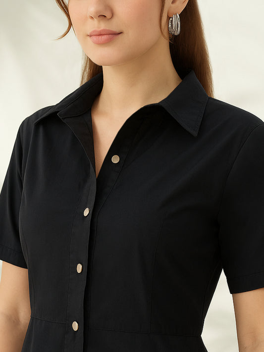 Women Black Poplin Short Flared Dress