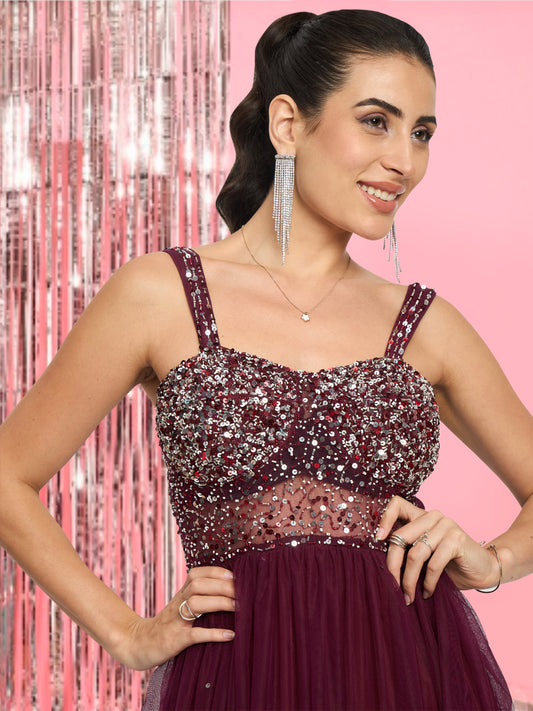 Women Wine Hand Embellished Corset Gown