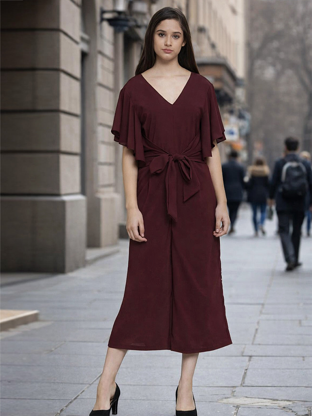 Women Wine Front Tie Calf Length Jumpsuit
