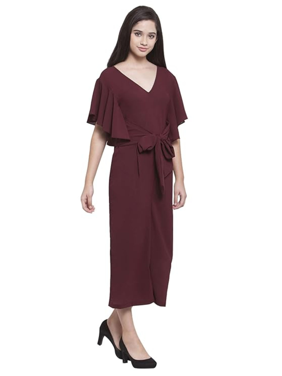 Women Wine Front Tie Calf Length Jumpsuit