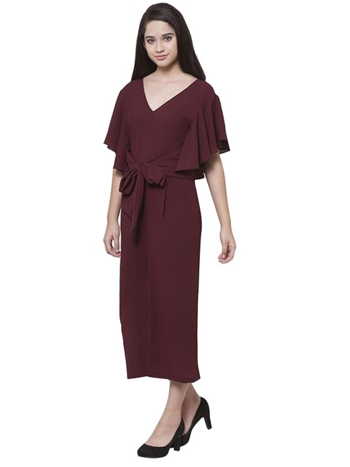Women Wine Front Tie Calf Length Jumpsuit