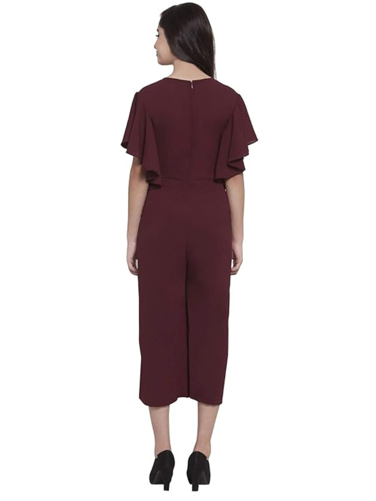 Women Wine Front Tie Calf Length Jumpsuit