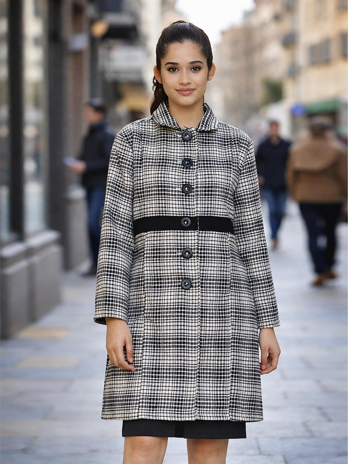 Women Black & White Checks Long Woollen Coat