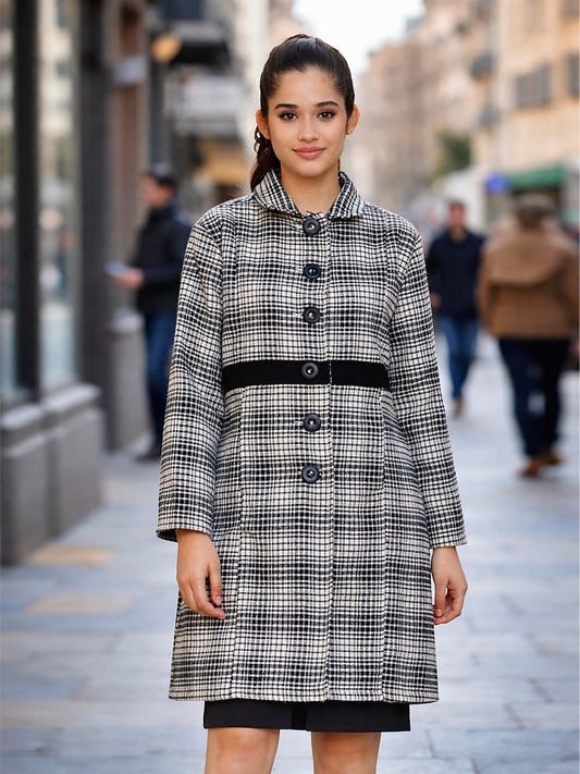 Women Black & White Checks Long Woollen Coat
