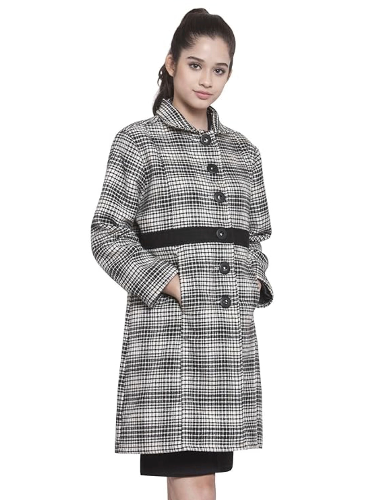 Women Black & White Checks Long Woollen Coat