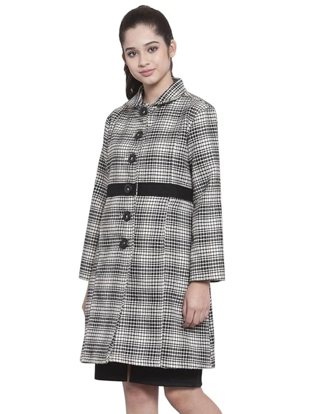 Women Black & White Checks Long Woollen Coat