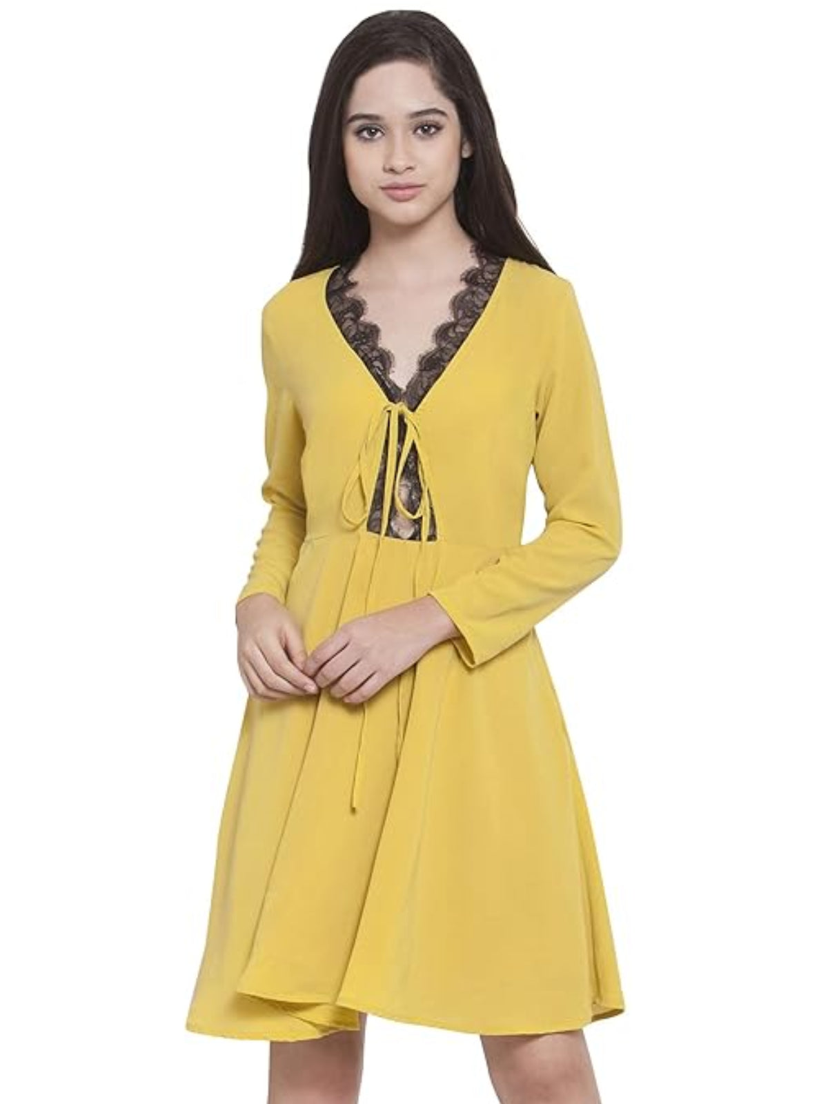 Women Yellow With Black Scallop Lace Detail Skater Dress
