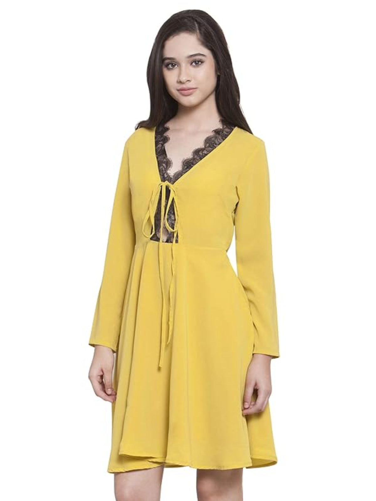Women Yellow With Black Scallop Lace Detail Skater Dress