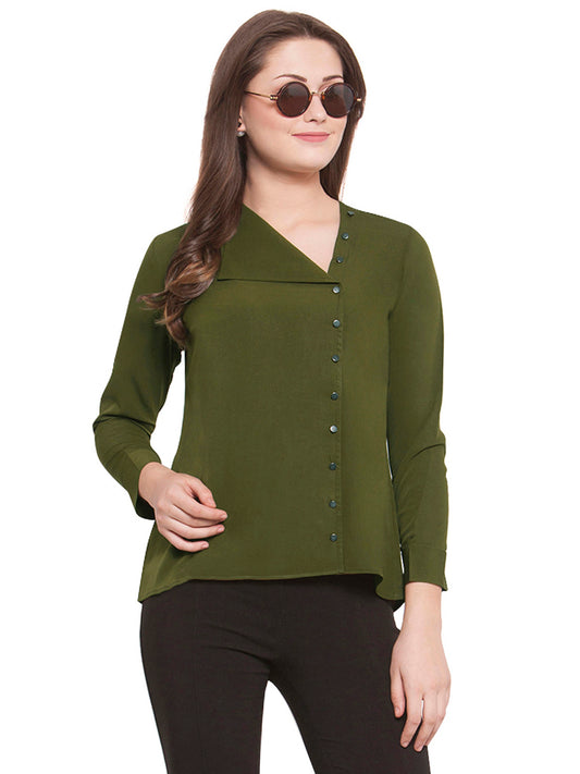 Women Olive Green Asymmetric Neck Top