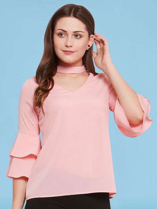 Women Nude Pink Layered Sleeve Top