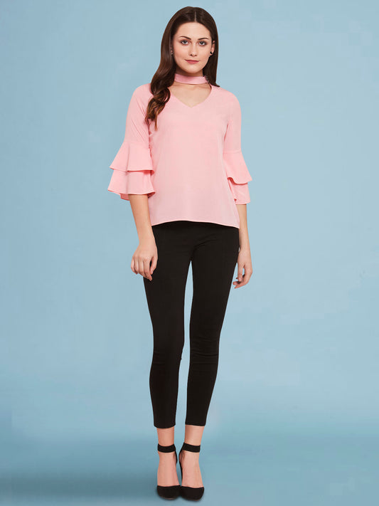 Women Nude Pink Layered Sleeve Top