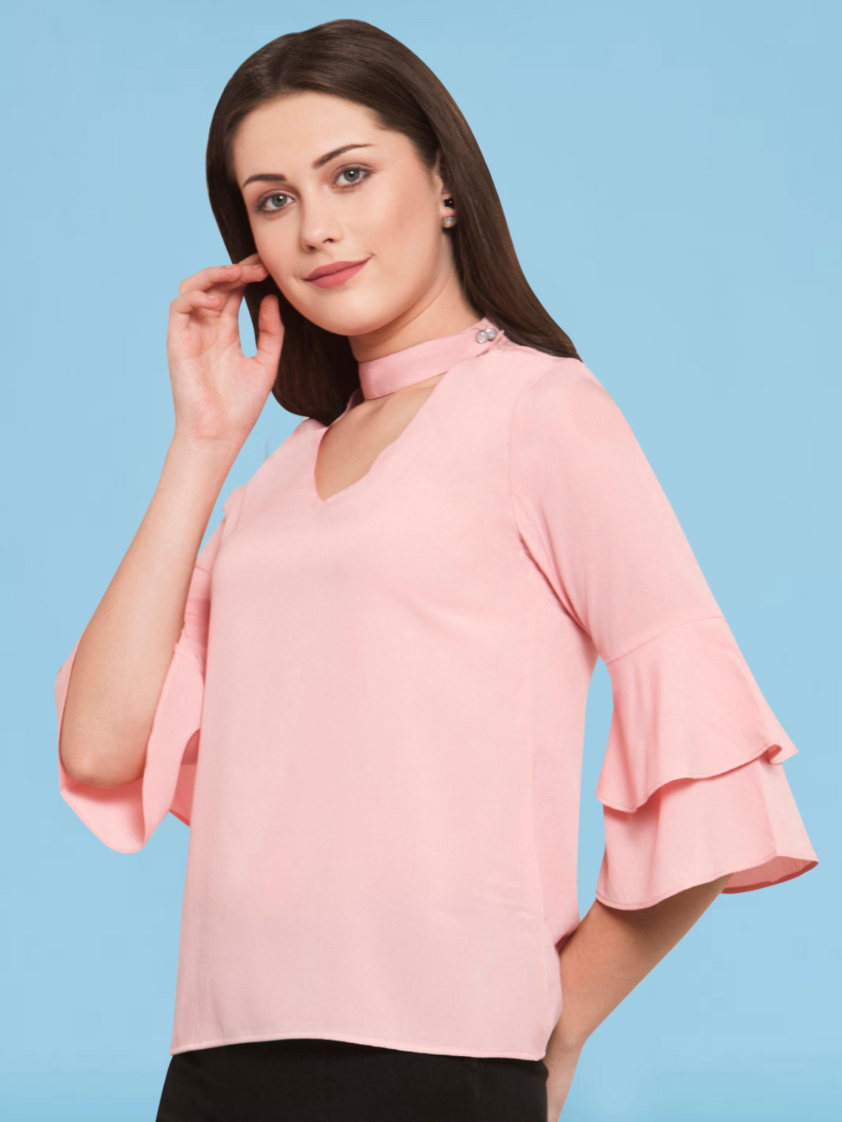 Women Nude Pink Layered Sleeve Top