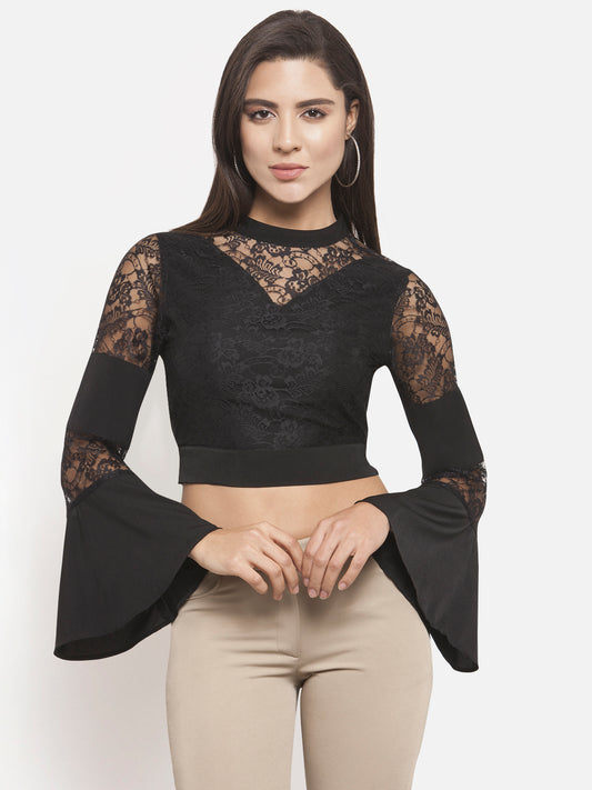 Women Bell Sleeve Black Lace Crop Top