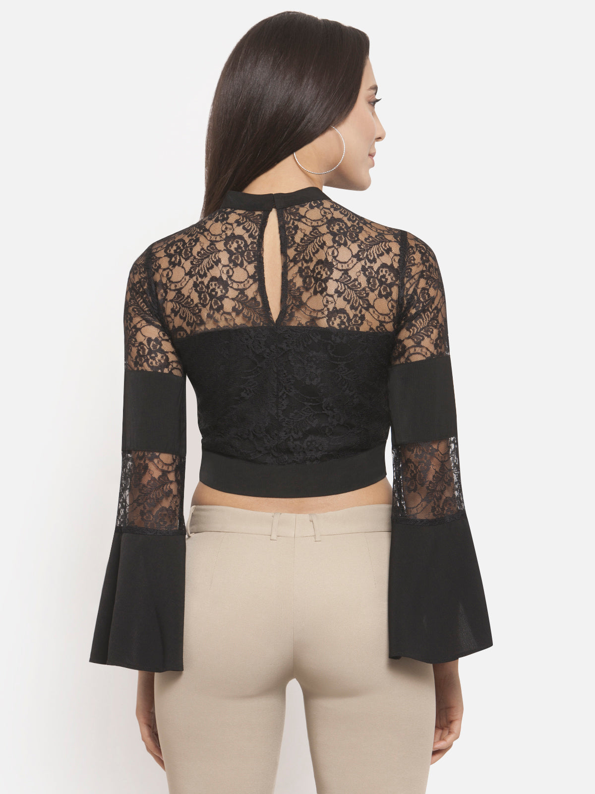 Women Bell Sleeve Black Lace Crop Top