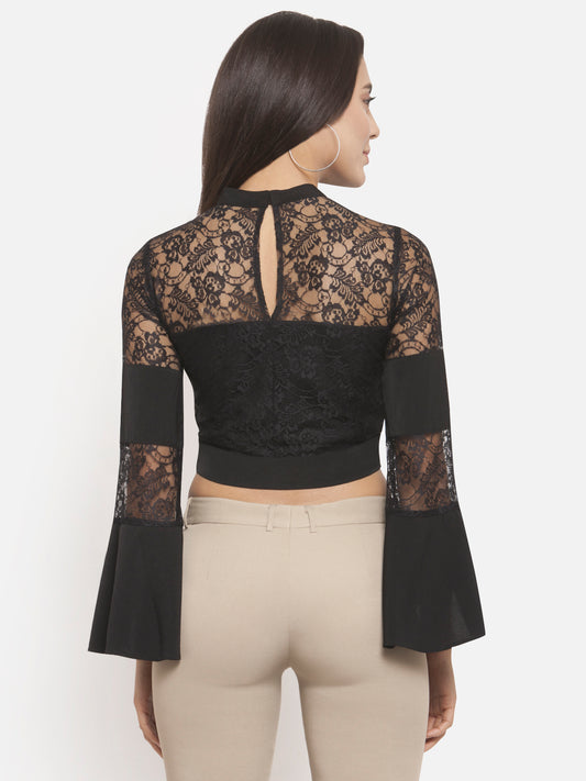 Women Bell Sleeve Black Lace Crop Top