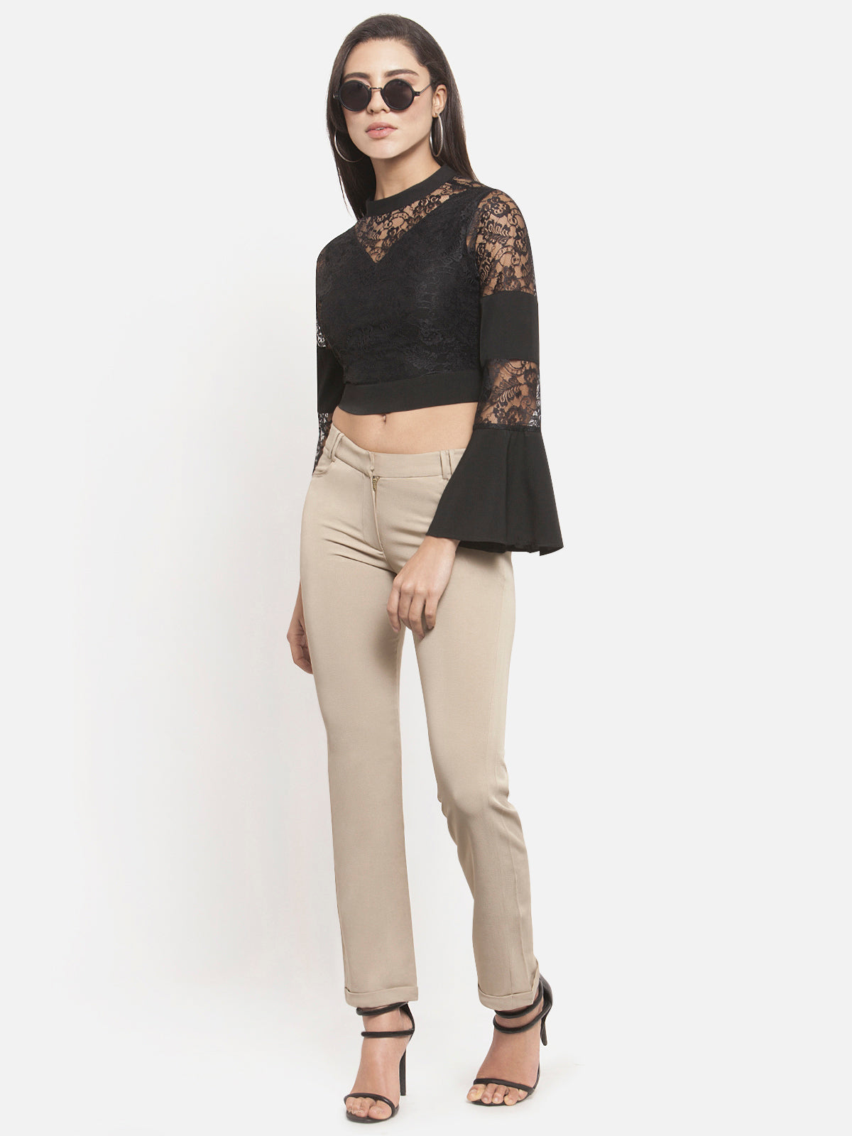 Women Bell Sleeve Black Lace Crop Top