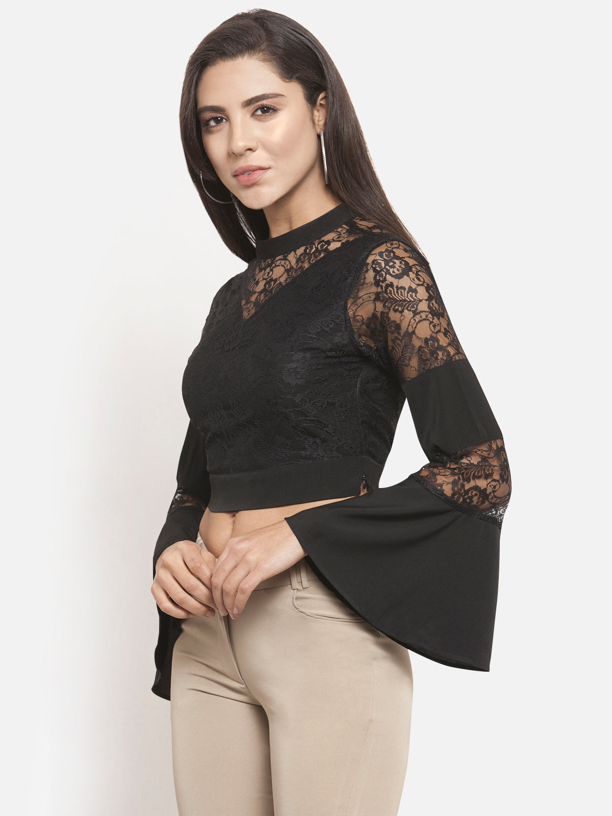 Women Bell Sleeve Black Lace Crop Top