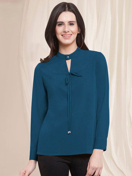 Women Turquoise Blue Keyhole Front Knot Top