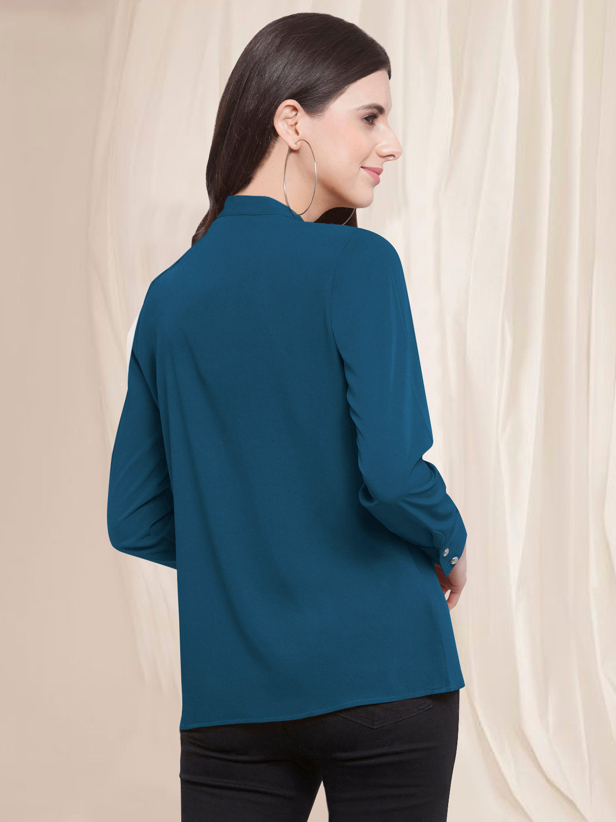 Women Turquoise Blue Keyhole Front Knot Top