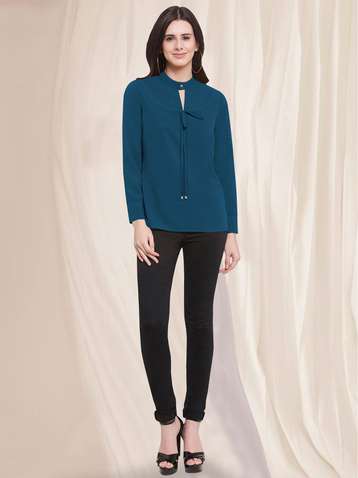 Women Turquoise Blue Keyhole Front Knot Top